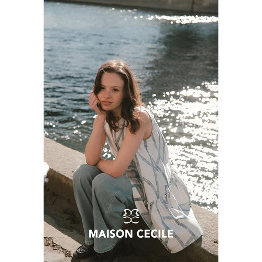 MC桑蚕丝du家印花条纹设计感无袖拼接娃娃衫上衣MAISON CECILE 商品图1