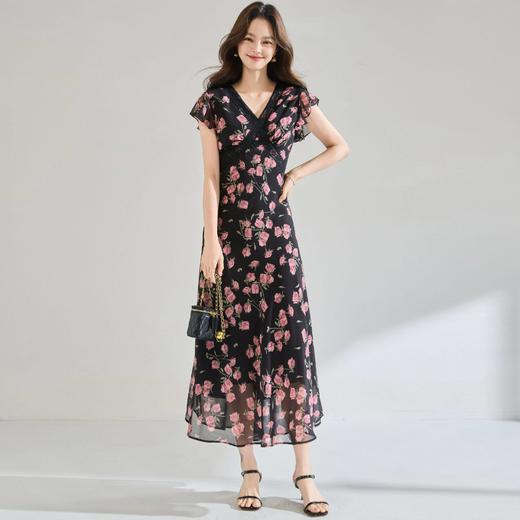 「高货sh」全新升级【铂金会员275/天猫369/差价94】(12409)洛诗琳玫瑰印花雪纺连衣裙2026法式蕾丝花边V领收腰显瘦裙 商品图3