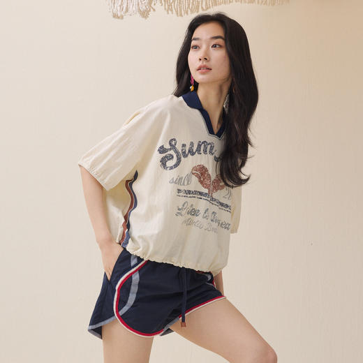 谜底印花T恤短袖2026夏季新品撞色POLO领复古休闲宽松女262MT0470 商品图1