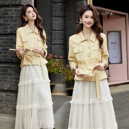 丁摩  春季新款女时尚潮流优雅风小外套皮衣蕾丝半身裙两件套6ZF-3236 商品图0