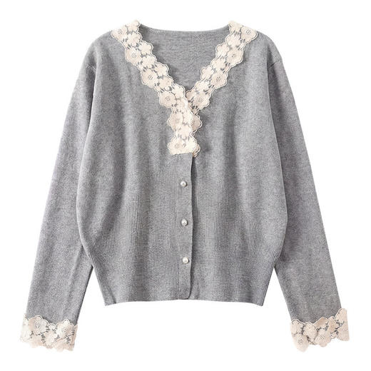 法式蕾丝V领针织开衫，设计感短款毛衣外套气质上衣CC-27-2643 商品图4
