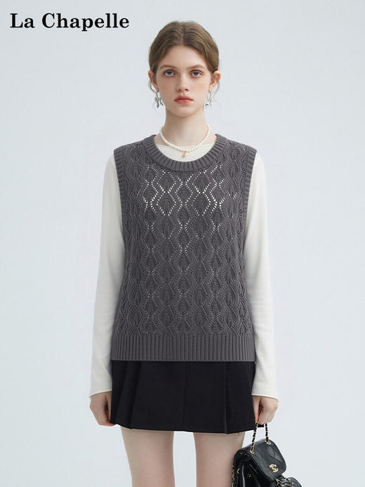 天猫同步【叠搭神器！】拉夏贝尔/La Chapelle INS风！舒适有型韩系圆领镂空针织马甲百搭坎肩叠穿背心 商品图0