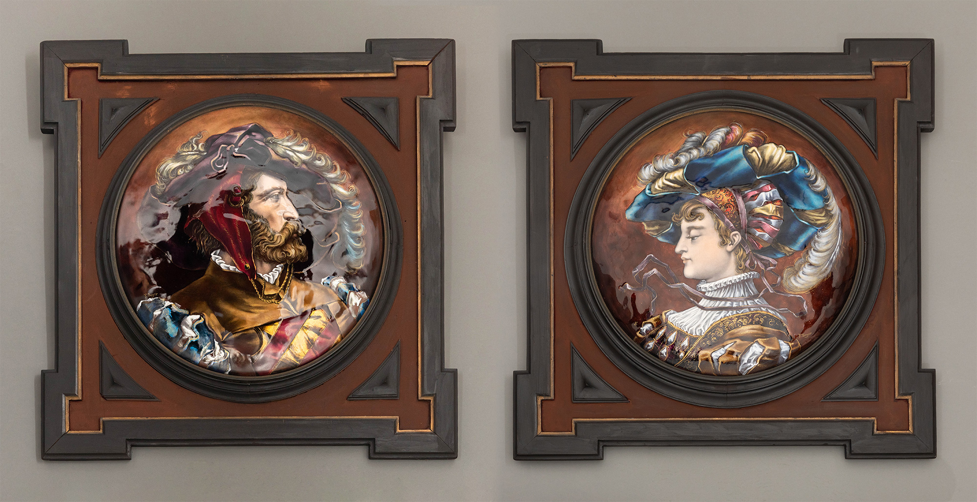 独角鹿西洋古董19世纪法国珐琅宗师保罗·索耶签名创作出品巨幅铜胎画珐琅肖像挂屏对