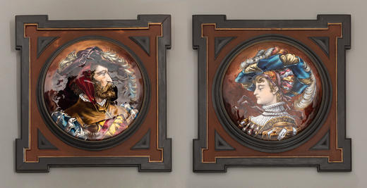 独角鹿西洋古董19世纪法国珐琅宗师保罗·索耶签名创作出品巨幅铜胎画珐琅肖像挂屏对 商品图0