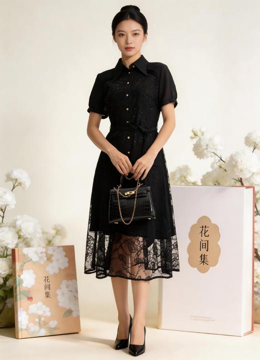 HJ2S41_黑色_连衣裙_四季_优雅复古金扣蕾丝网纱衬衫领收腰系带 A 字中裙_高级女装_BERNIEELEN 伯妮斯茵 商品图3