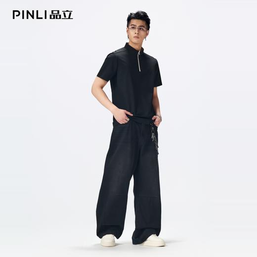 PINLI品立2026夏季新款男士拉链立领纯色短袖POLO衫上衣体恤潮牌GD262112052 商品图1