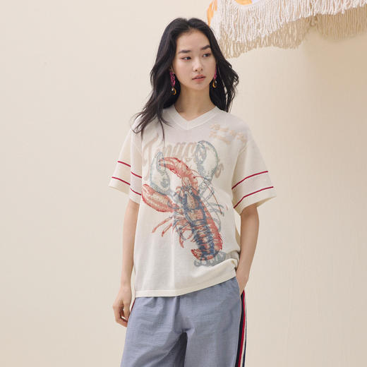 谜底套头针织衫短袖2026夏新品舒适时髦印花钉珠毛衣女262MZ0756 商品图0