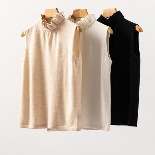 高智感穿搭~100%纯山羊绒木耳花边无袖背心女针织马甲CYR260580 商品图2