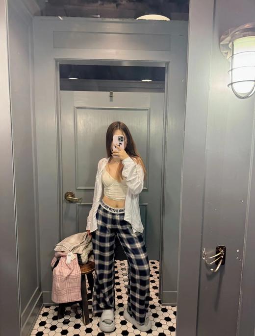 F032360水洗磨毛挺阔有型格纹字母织带休闲长裤睡裤 商品图9