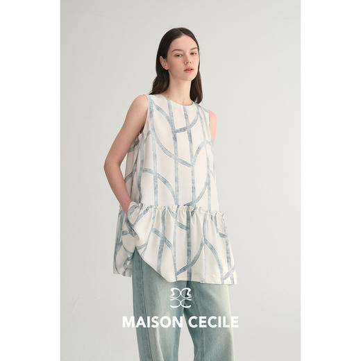 MC桑蚕丝du家印花条纹设计感无袖拼接娃娃衫上衣MAISON CECILE 商品图2