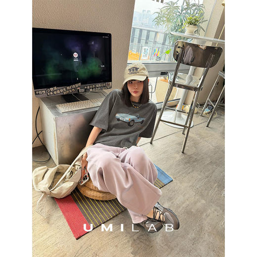 UMILAB｜去兜风*甜酷美学100%棉数码做旧原创印花廓形短袖T恤T799V 商品图1