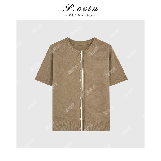 03-4潘依绣丁丁宠粉PanYiXiu/潘依绣羊-毛极简主义撞色门襟短袖针织开衫 ZZ0585 商品图1