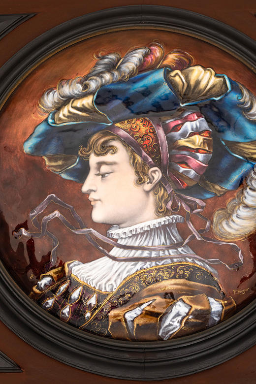 独角鹿西洋古董19世纪法国珐琅宗师保罗·索耶签名创作出品巨幅铜胎画珐琅肖像挂屏对 商品图2