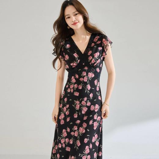 「高货sh」全新升级【铂金会员275/天猫369/差价94】(12409)洛诗琳玫瑰印花雪纺连衣裙2026法式蕾丝花边V领收腰显瘦裙 商品图2