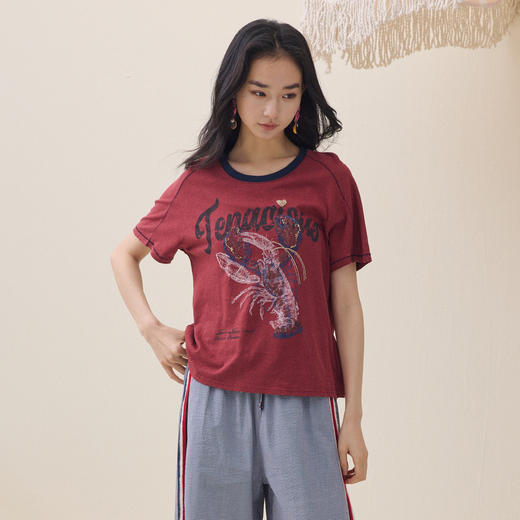 谜底美式复古T恤短袖2026夏新品撞色海洋元素印花珠绣女262MT0471 商品图0