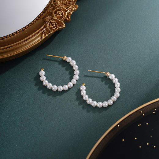 子佩集【慵光芙蕾】银S925珍珠惜王妃耳钉【MZEH001】3.5mm珠27mm圈镀金串珠圆圈半环2601 商品图1