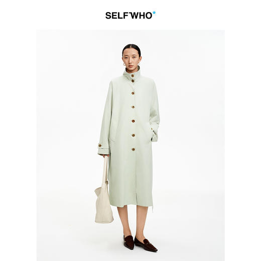 SELFWHO棉混纺高立领撞色风衣女2026春季新款宽松腰带单排扣外套 商品图4