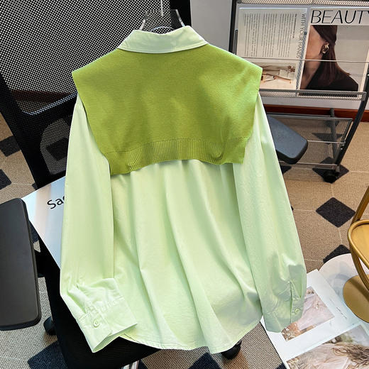 丁摩 牛油果绿色长袖衬衫外套加披肩两件套女春季新中长款宽松上衣6ZF-26C2655 商品图3