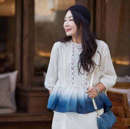 【林栖设计小店】镂花轻舞|百搭多色渐变镂空花边显瘦2026夏新款纯棉衬衣1962114 商品图0