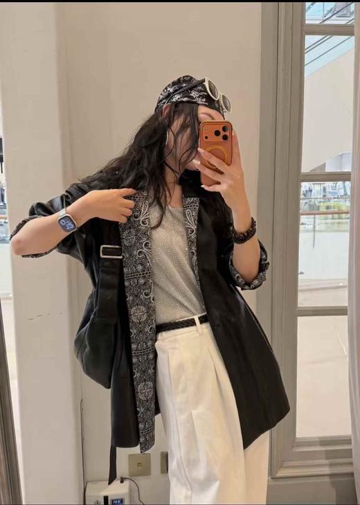 【门店同款】ENJOY春季“序光之旅”拼腰果花中长款皮衣 169649577 商品图9