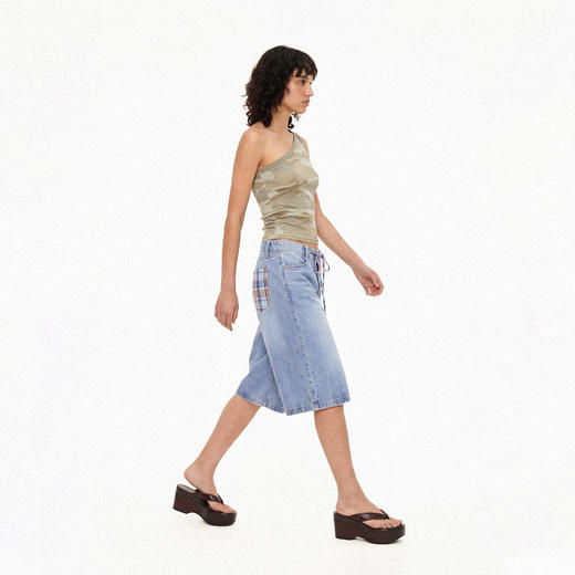 NUTH格纹拼接复古蓝色水洗牛仔中裤五分裤女（预售/发货时间同步天猫） 商品图3