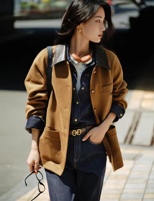 雅莹巴恩风纯皮翻领仿麂皮宽松夹克外套 商品图3