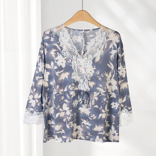 美奈川莫代尔薄款碎花睡衣女家居服柔软舒适睡眠衣服上衣裤子套装 水墨印花莫代尔八分袖蕾丝套装JJ28190 商品图2