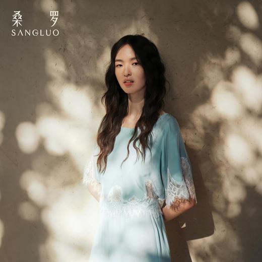 轻盈随心』桑罗蓝蕾丝拼接真丝睡衣套装100%桑蚕丝女家居服可外穿 商品图1