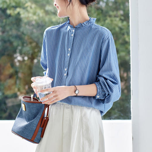 丁摩 蓝色条纹衬衫女长袖春装新款木耳领内搭叠穿上衣衬衣6ZF-61041 商品图2