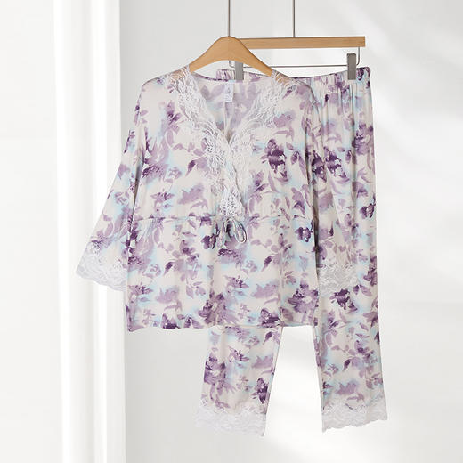 美奈川莫代尔薄款碎花睡衣女家居服柔软舒适睡眠衣服上衣裤子套装 水墨印花莫代尔八分袖蕾丝套装JJ28190 商品图1