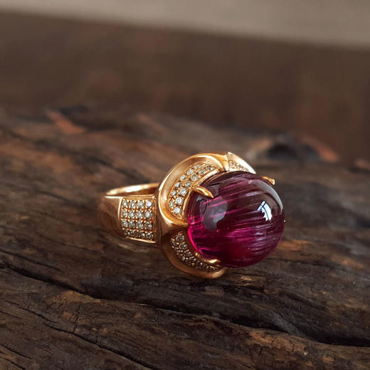 【天然正品】AU750玫瑰金镶钻镶天然近5克拉卢比来碧玺猫眼戒指13号（戒圈可改）280226NJS72 商品图4