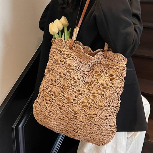 【森系钩花单肩包】森系钩花单肩编织包女文艺青年手提草编包海边度假沙滩包。ya 商品图3