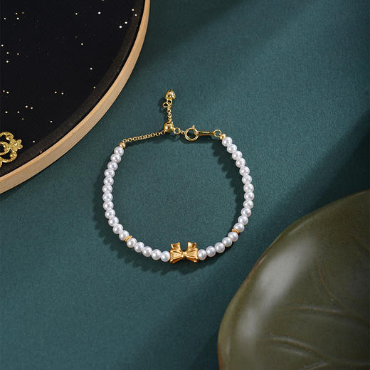子佩集【巧结情缘】银S925珍珠惜王妃手链【SGB0648001】3.5mm珠镀金蝴蝶结儿童2601 商品图4