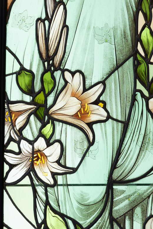 独角鹿西洋古董1920年代法国出品新艺术运动风格《百合少女》主题巨幅三联式彩绘玻璃花窗 商品图8