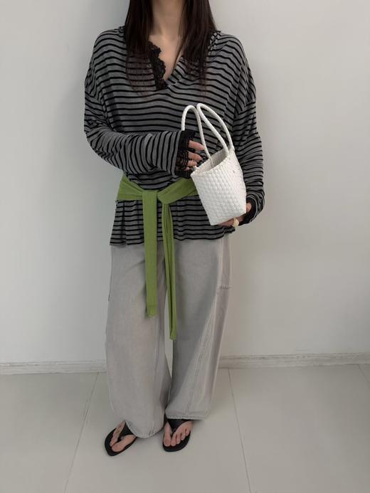 老米优品🎈3-5天！韩代同款《条纹蕾丝边防晒面膜tee》蕾丝与条纹的温柔碰撞，慵懒松弛又韩系~ T260322C 商品图4