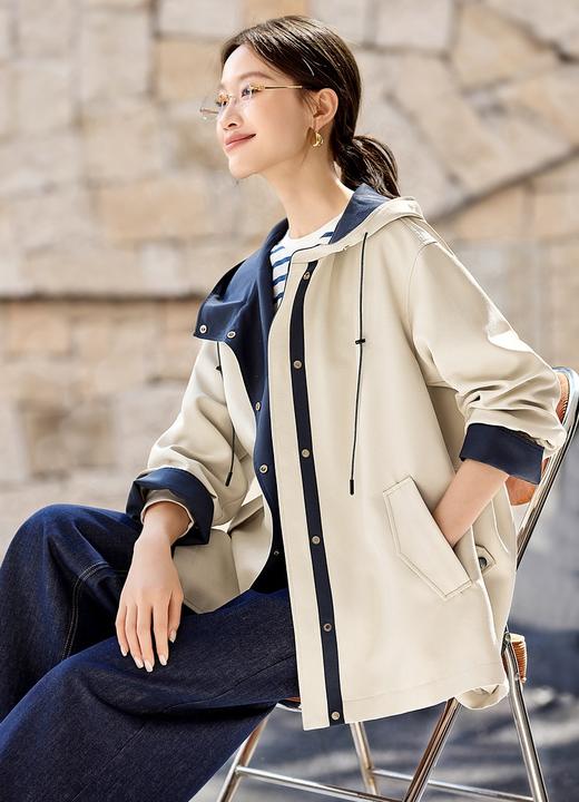 开心果风衣撞色连帽风衣春秋休闲工装一手长外套 商品图0