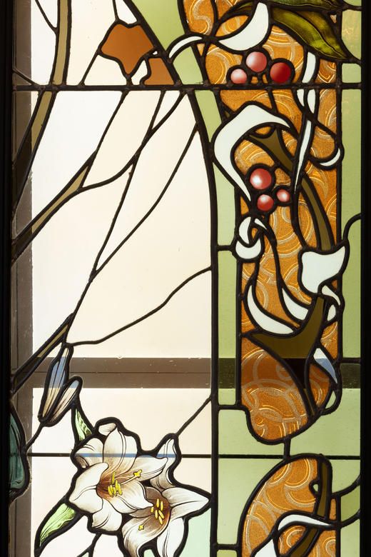 独角鹿西洋古董1920年代法国出品新艺术运动风格《百合少女》主题巨幅三联式彩绘玻璃花窗 商品图11