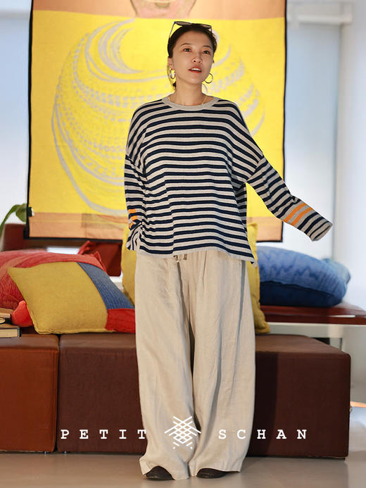 Petit Schan小闪 CLO#1080 Stable but fun 稳中有趣 松弛感棉麻桑蚕丝条纹轻薄针织长袖 商品图1