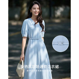 米思阳2026春夏新款时尚简约V领连衣裙收腰职场通勤裙子女士1735/1039