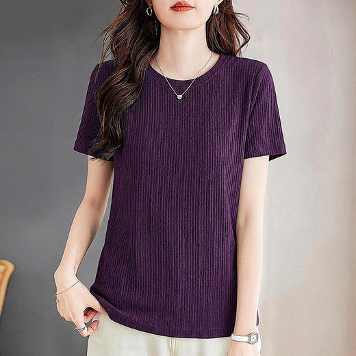 紫色条纹短袖t恤女新款夏季时尚洋气女装休闲大码体恤衫半袖上衣 商品图4