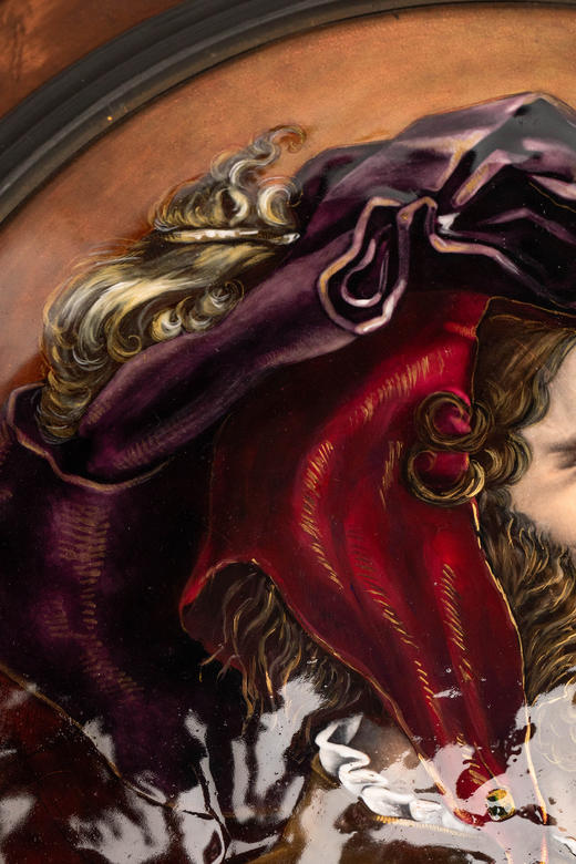 独角鹿西洋古董19世纪法国珐琅宗师保罗·索耶签名创作出品巨幅铜胎画珐琅肖像挂屏对 商品图6