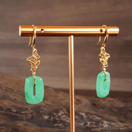 【天然正品】A货翡翠AU750黄金镶钻镶天然细腻糯种满绿镂空平安方扣造型翡翠耳坠040326NJT11 商品图3