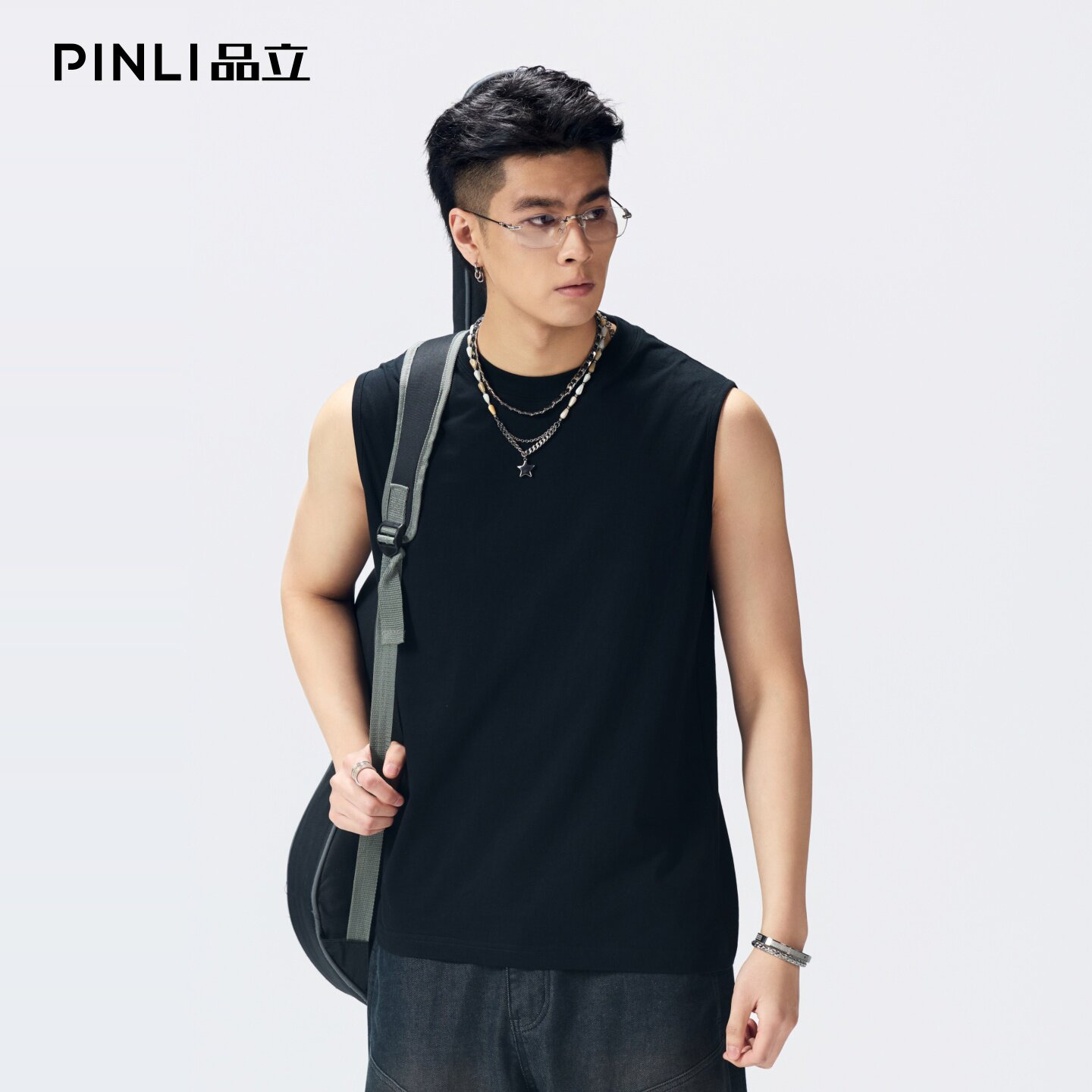 PINLI品立2026夏季新款男装合体版基础纯色圆领无袖打底背心上衣GD262114032