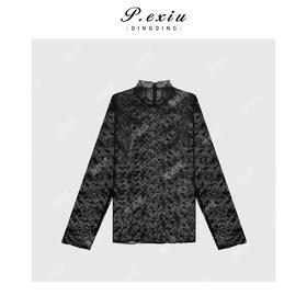 03-4潘依绣丁丁宠粉法式镂空蕾丝网纱立领打底T恤 Q45044