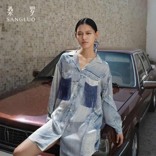 颠覆丹宁』桑罗复古牛仔印花真丝衬衫裙100%桑蚕丝女家居服可外穿 商品图5