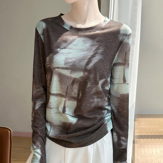 百媚生 法式设计感晕染印花针织衫女圆领长袖上衣RW-Y03-20 商品图1