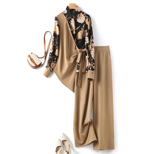 丁摩 印花拼接套装两件套新款长袖翻领腰带长袖套装6ZF-7787 商品图0