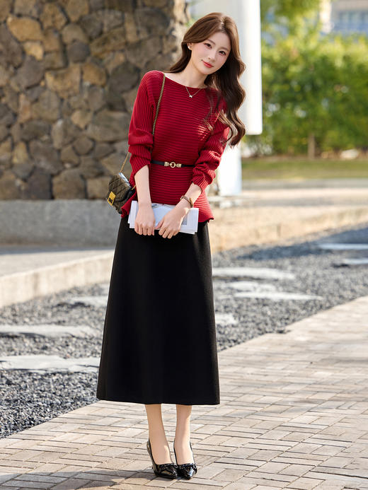 气质圆领收腰显瘦长袖，针织衫半裙两件套配腰带HR-YF2703 商品图0