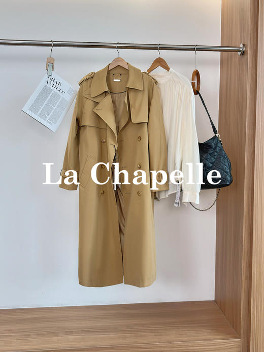 专柜实拍【轻奢英伦风！】拉夏贝尔/La Chapelle挺括有型气质翻领双排扣中长款通勤风廓形腰带风衣女 商品图0