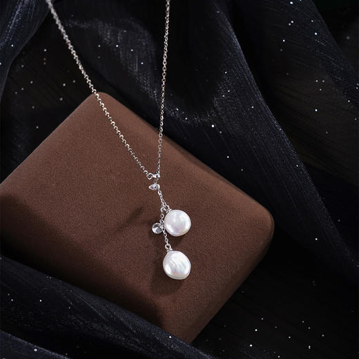 子佩集【浅滩淡梦】银S925珍珠惜王妃项链【SPN0497002】9.5mm珠巴洛克双扁珠2601 商品图1